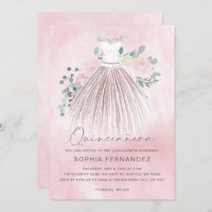 Blush Zilver Glitter Bloemen Jurk Quinceañera Kaart
