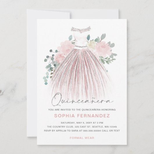 Blush Zilver Glitter Bloemen Jurk Quinceañera Kaart (Voorkant)