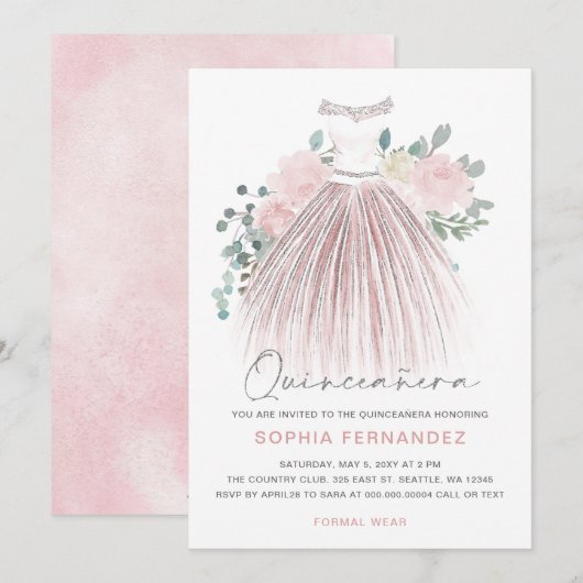 Blush Zilver Glitter Bloemen Jurk Quinceañera Kaart (Voorkant / Achterkant)