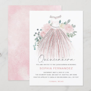 Blush Zilver Glitter Bloemen Jurk Quinceañera Kaart