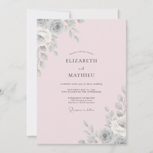 Blush Zilveren Blad Bruiloft Kaart (Voorkant)