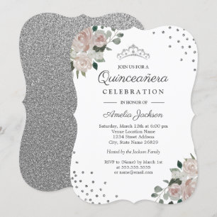 Blush Zilveren Bloemenconfetti Quinceanera Uitnodi Kaart