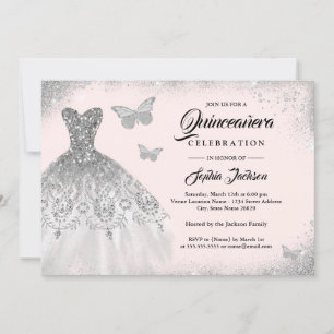 Blush Zilveren Glitter Jurk Vlinder Quinceanera Kaart