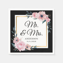 Blush Zwart Goud Bloemen Mr & Mrs Wedding Servet