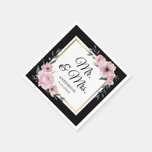 Blush Zwart Goud Bloemen Mr & Mrs Wedding Servet (Hoek)