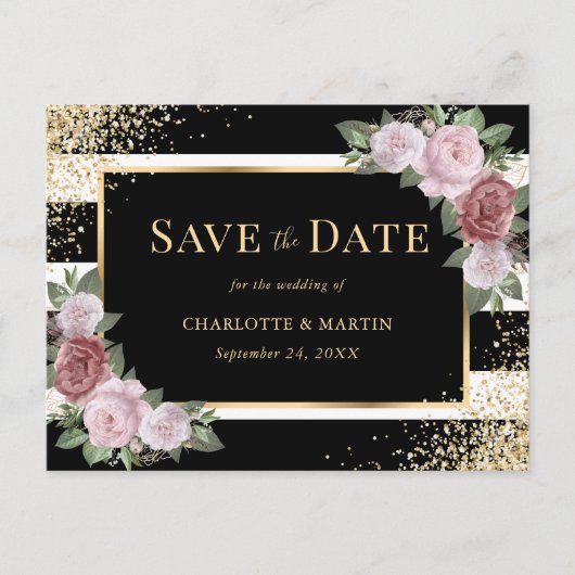Blush Zwart Goud Bloemen Trouwen Save The Date Aankondigingskaart (Voorkant)
