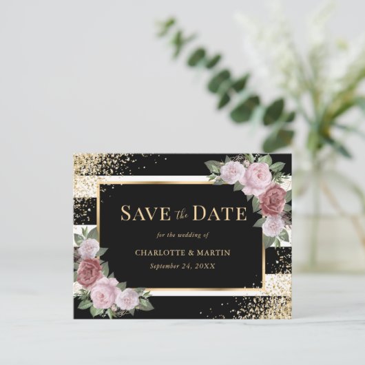 Blush Zwart Goud Bloemen Trouwen Save The Date Aankondigingskaart (Staand voorkant)