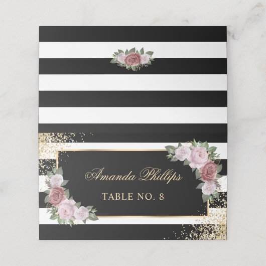 Blush Zwart Wit Goud Bloemen Huwelijk Plaatskaartje (Buitenkant ongevouwen)