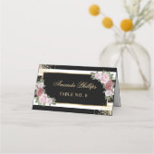 Blush Zwart Wit Goud Bloemen Huwelijk Plaatskaartje (Voorkant)