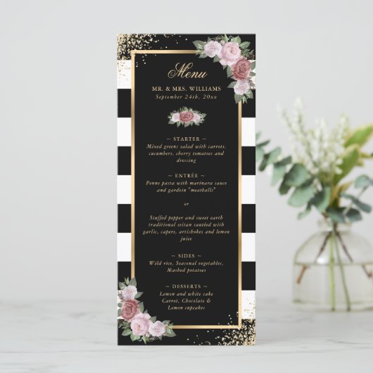 Blush Zwart Wit Goud Confetti Bloemen Huwelijk Menu (Staand voorkant)