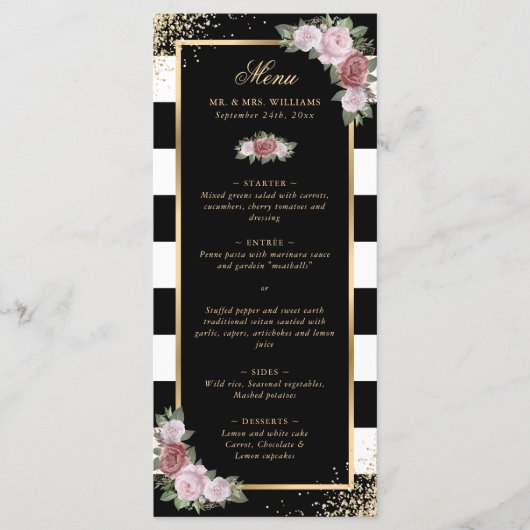 Blush Zwart Wit Goud Confetti Bloemen Huwelijk Menu (Voorkant)