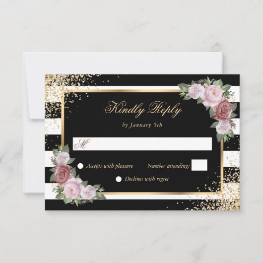 Blush Zwart Wit Goud Confetti Bloemen Huwelijk RSVP Kaartje (Voorkant)