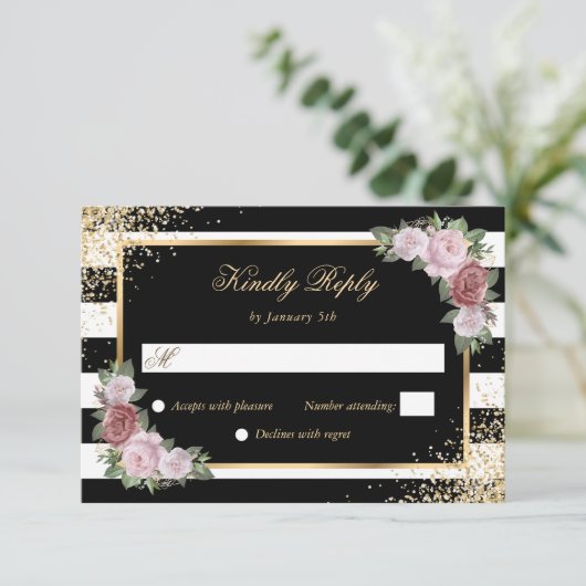 Blush Zwart Wit Goud Confetti Bloemen Huwelijk RSVP Kaartje (Staand voorkant)