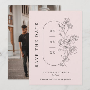 Blush & Zwarte Lijn Getrokken Bloemen Foto Huwelij Save The Date