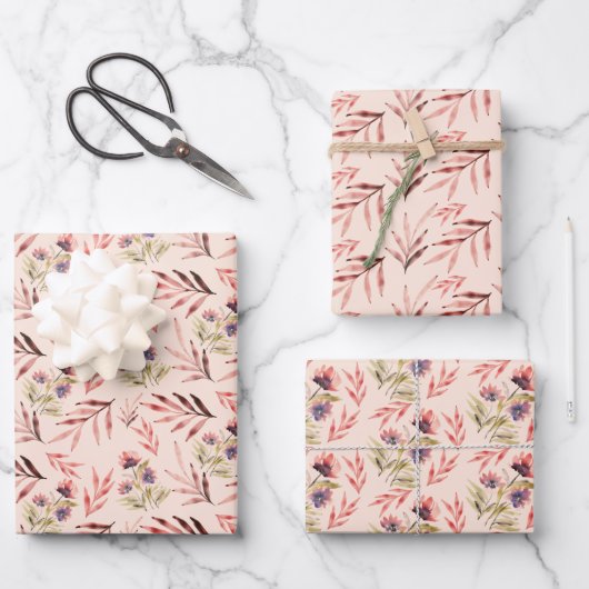 Blush Zwarte Paarse Wildflowers Waterverf Art Inpakpapier Vel (Voorkant)