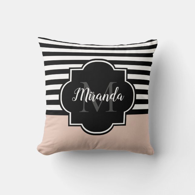 Blush Zwarte Streep Monogram Naam Kussen (Voorkant)