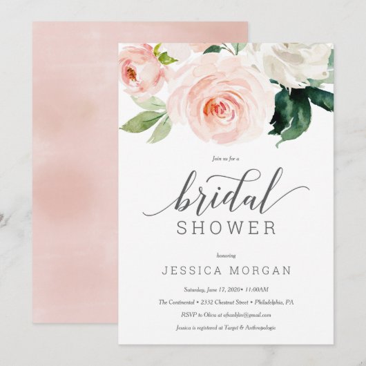 Blushing Blooms Bridal Shower Invitation Card Kaart (Voorkant / Achterkant)