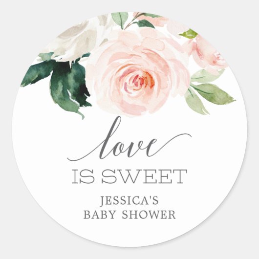 Blushing blooms liefde is lief Baby shower gunst Ronde Sticker (Voorkant)
