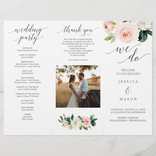 Blushing Blooms Trifold Weduwprogramma Foto Flyer (Voorkant)