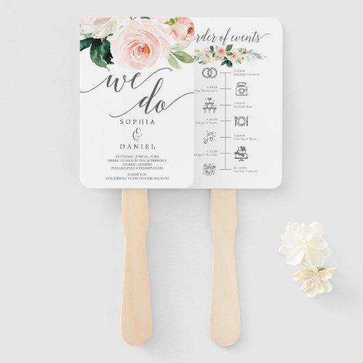 Blushing Blooms Weddenprogramma en tijdlijn Handwaaier (Voorkant en achterkant)
