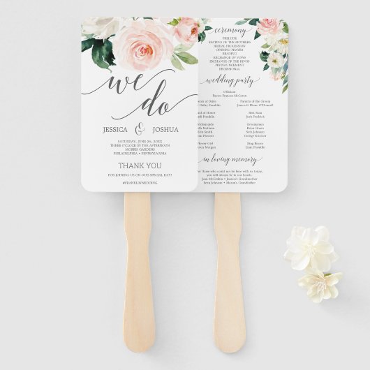 Blushing Blooms Weddenprogramma Fans Flowers Handwaaier (Voorkant en achterkant)