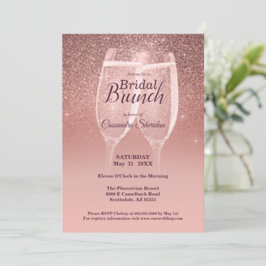 Blushing Bridal Brunch Sparkle Invitation Kaart (Staand voorkant)