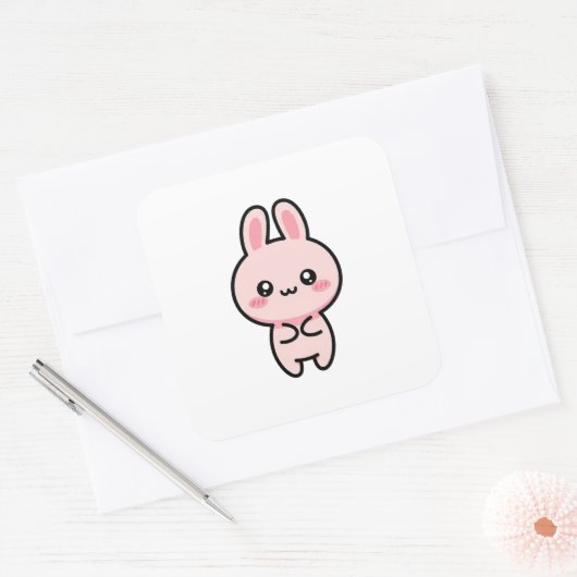 Blushing Bunny – Cute Kawaii Illustration Vierkante Sticker (Envelop)