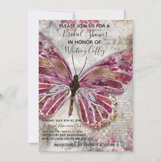 Blushing Butterfly Bridal Shower Invitation Kaart (Voorkant)