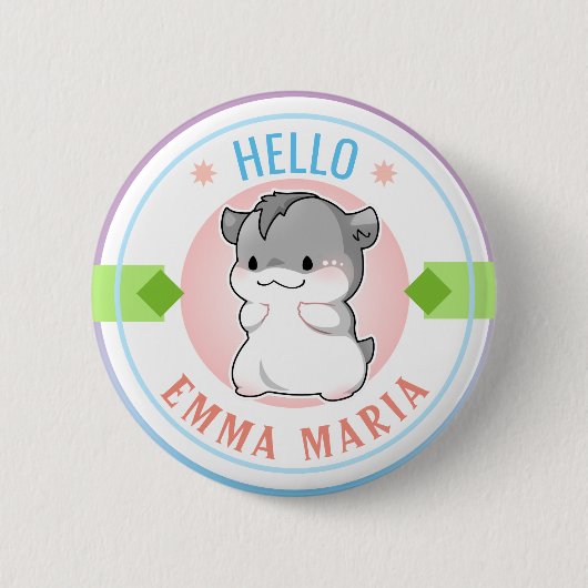 Blushing Chibi Hamster naam Hallo Ronde Button 5,7 Cm (Voorkant)