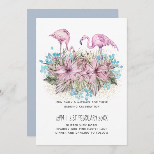 Blushing Flamingo's Tropische Strand Bruiloft Kaart (Voorkant / Achterkant)