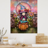 Blushing Moon Cute Witch met Cat Art Poster (Keuken)