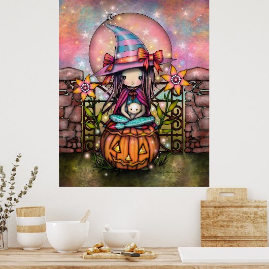 Blushing Moon Cute Witch met Cat Art Poster (Keuken)