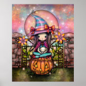Blushing Moon Cute Witch met Cat Art Poster (Voorkant)