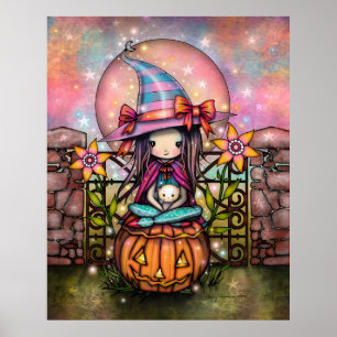 Blushing Moon Cute Witch met Cat Art Poster