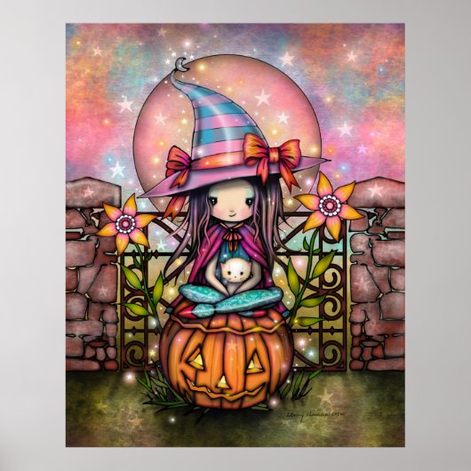 Blushing Moon Cute Witch met Cat Art Poster (Voorkant)
