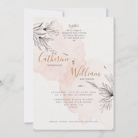 Blushing Peach Gray Floral Photo Weddenschap Kaart (Voorkant)