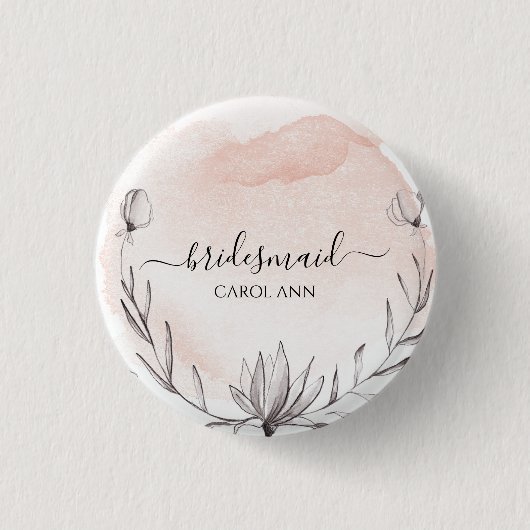 Blushing Peach Waterverf Bridesaid Ronde Button 3,2 Cm (Voorkant)