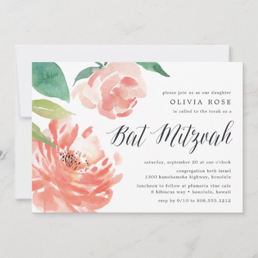 Blushing Peony | Uitnodiging Bat Mitzvah (Voorkant)