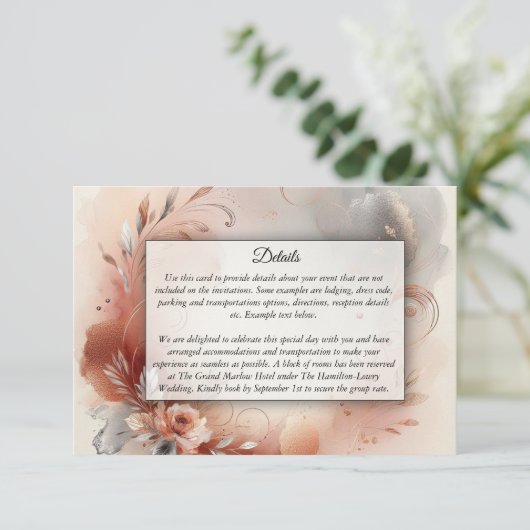 Blushing Petals and Silver Swirls Wedding Informatiekaartje (Staand voorkant)