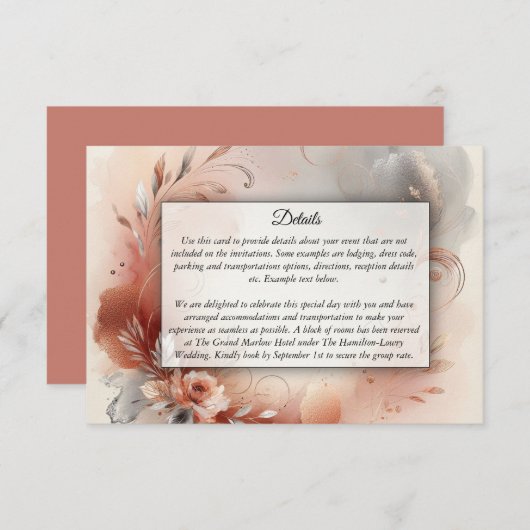 Blushing Petals and Silver Swirls Wedding Informatiekaartje (Voorkant / Achterkant)