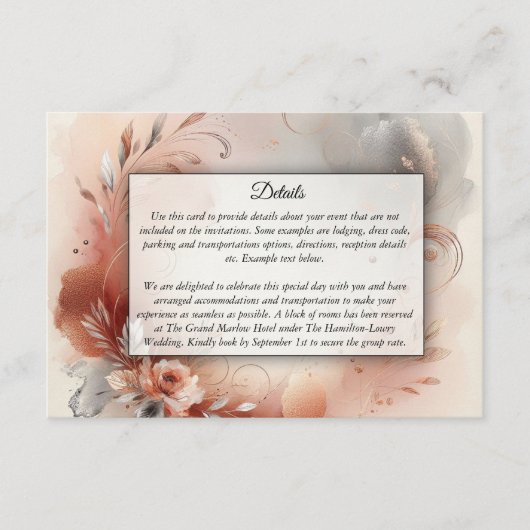 Blushing Petals and Silver Swirls Wedding Informatiekaartje (Voorkant)
