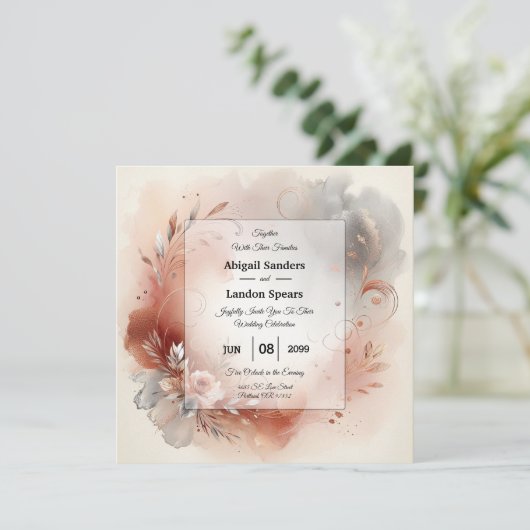 Blushing Petals and Silver Swirls Wedding Kaart (Staand voorkant)