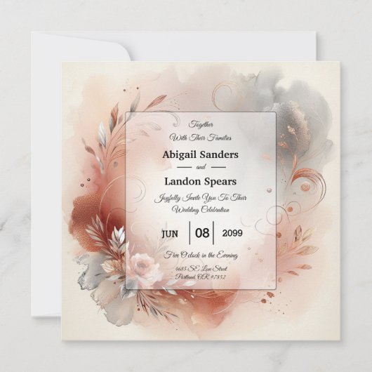 Blushing Petals and Silver Swirls Wedding Kaart (Voorkant)