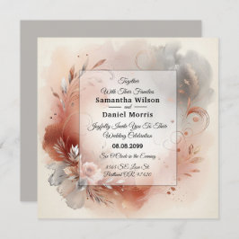 Blushing Petals and Silver Swirls Wedding Kaart