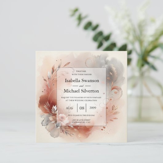 Blushing Petals and Silver Swirls Wedding Kaart (Staand voorkant)