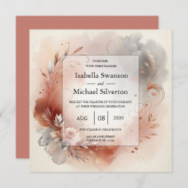 Blushing Petals and Silver Swirls Wedding Kaart