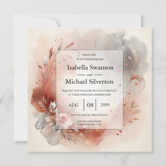 Blushing Petals and Silver Swirls Wedding Kaart (Voorkant)