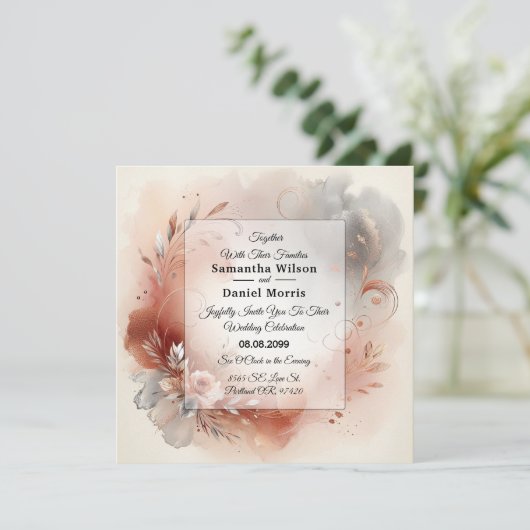 Blushing Petals and Silver Swirls Wedding Kaart (Staand voorkant)