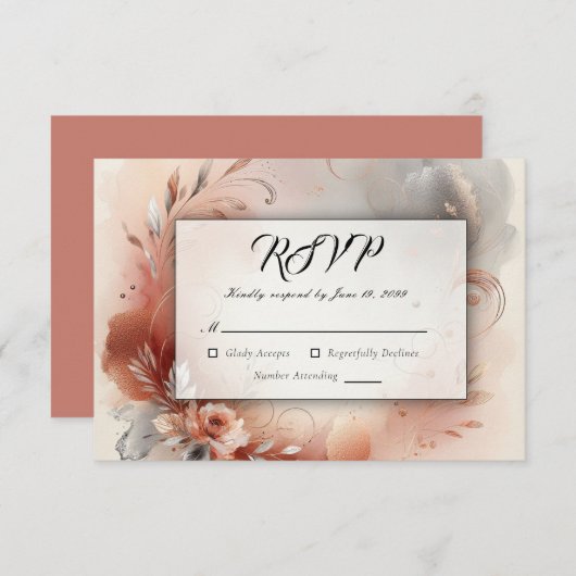 Blushing Petals and Silver Swirls Wedding RSVP Kaartje (Voorkant / Achterkant)