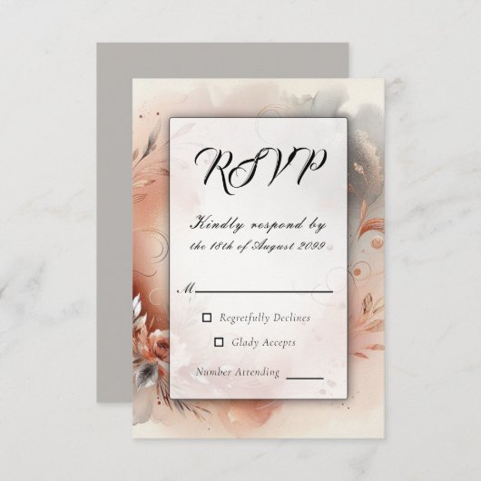 Blushing Petals and Silver Swirls Wedding RSVP Kaartje (Voorkant / Achterkant)